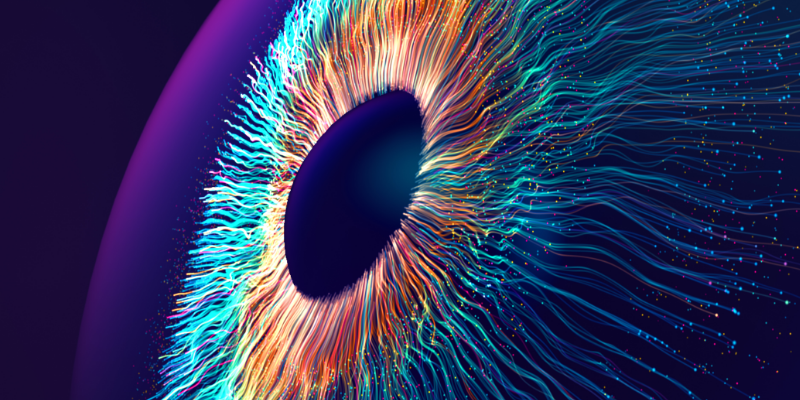 Three side-by-side tech visuals: a colorful abstract iris or particle vortex,